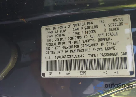 2006 Acura Tl from USA, damaged, VIN 19UUA662X6A053612